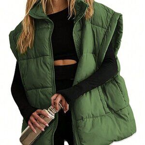 Army Green Casual Women's stand collar Sleeveless Quilted Puffer Vest Jacket